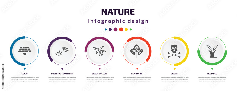 nature infographic element with icons and 6 step or option. nature icons such as solar, four toe footprint, black willow, reniform, death, reed bed vector. can be used for banner, info graph, web, nature infographic element with icons and 6 step or option. nature icons such as solar, four toe footprint, black willow, reniform, death, reed bed vector. can be used for banner, info graph, web,