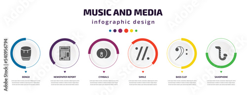 music and media infographic element with icons and 6 step or option. music and media icons such as bongo, newspaper report, cymbals, simile, bass clef, saxophone vector. can be used for banner, info