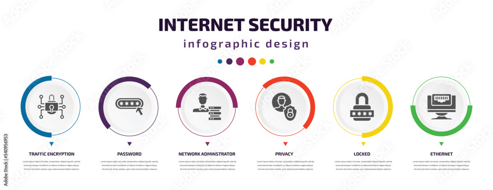 internet security infographic element with icons and 6 step or option. internet security icons such as traffic encryption, password, network adminstrator, privacy, locked, ethernet vector. can be