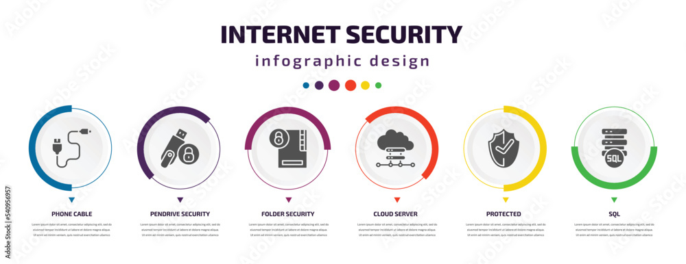internet security infographic element with icons and 6 step or option. internet security icons such as phone cable, pendrive security, folder cloud server, protected, sql vector. can be used for internet security infographic element with icons and 6 step or option. internet security icons such as phone cable, pendrive security, folder cloud server, protected, sql vector. can be used for