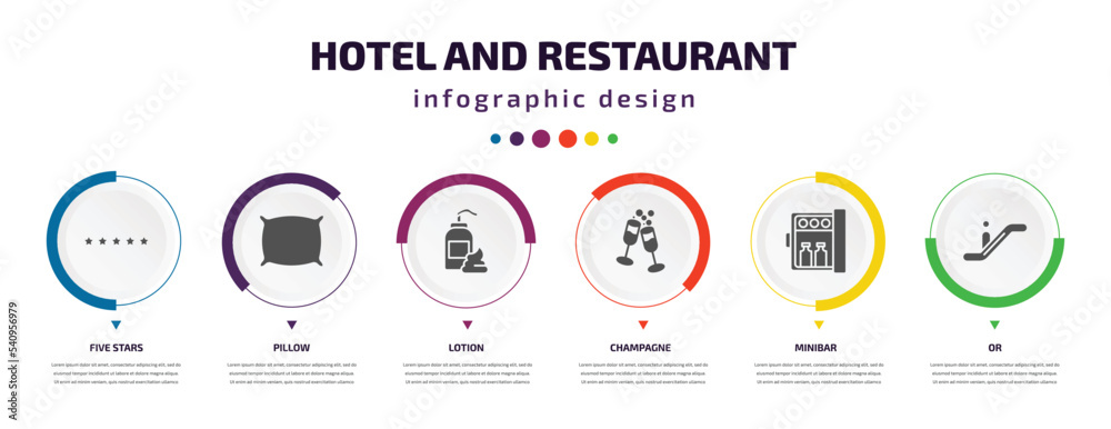 hotel and restaurant infographic element with icons and 6 step or option. hotel and restaurant icons such as five stars, pillow, lotion, champagne, minibar, or vector. can be used for banner, info hotel and restaurant infographic element with icons and 6 step or option. hotel and restaurant icons such as five stars, pillow, lotion, champagne, minibar, or vector. can be used for banner, info