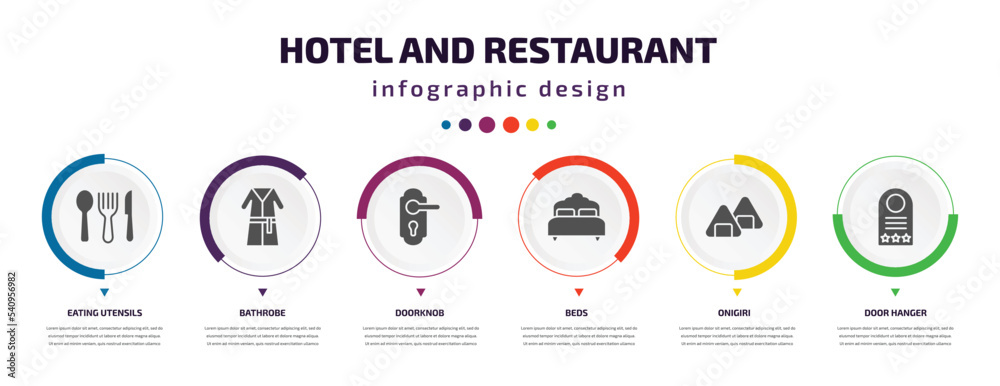 hotel and restaurant infographic element with icons and 6 step or option. hotel and restaurant icons such as eating utensils, bathrobe, doorknob, beds, onigiri, door hanger vector. can be used for hotel and restaurant infographic element with icons and 6 step or option. hotel and restaurant icons such as eating utensils, bathrobe, doorknob, beds, onigiri, door hanger vector. can be used for