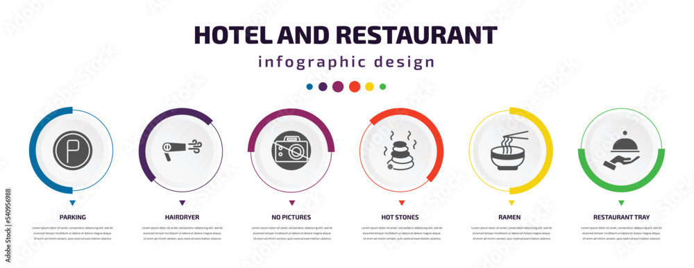 hotel and restaurant infographic element with icons and 6 step or option. hotel and restaurant icons such as parking, hairdryer, no pictures, hot stones, ramen, restaurant tray vector. can be used hotel and restaurant infographic element with icons and 6 step or option. hotel and restaurant icons such as parking, hairdryer, no pictures, hot stones, ramen, restaurant tray vector. can be used