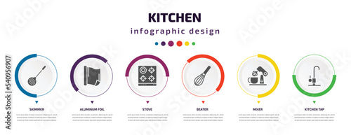 kitchen infographic element with icons and 6 step or option. kitchen icons such as skimmer, aluminum foil, stove, beater, mixer, kitchen tap vector. can be used for banner, info graph, web,