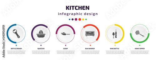 kitchen infographic element with icons and 6 step or option. kitchen icons such as bottle opener, squeezer, scoop, bun warmer, wine bottle, honey dipper vector. can be used for banner, info graph,