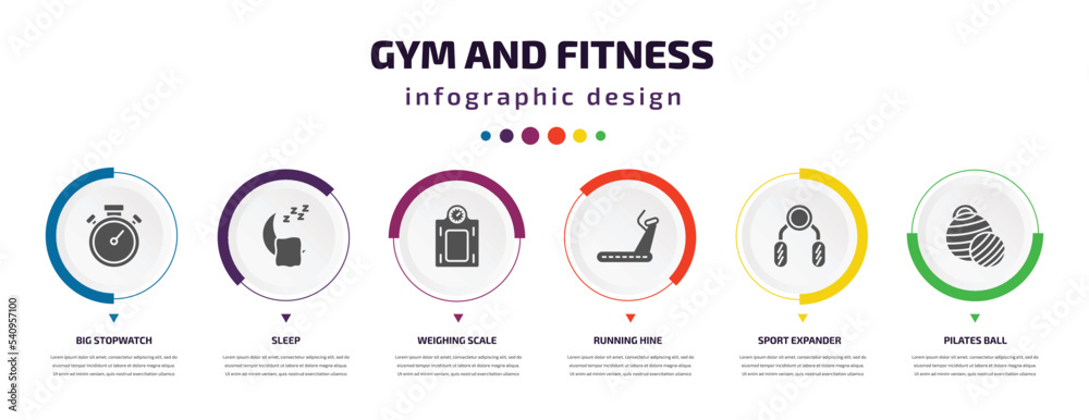 gym and fitness infographic element with icons and 6 step or option. gym and fitness icons such as big stopwatch, sleep, weighing scale, running hine, sport expander, pilates ball vector. can be gym and fitness infographic element with icons and 6 step or option. gym and fitness icons such as big stopwatch, sleep, weighing scale, running hine, sport expander, pilates ball vector. can be