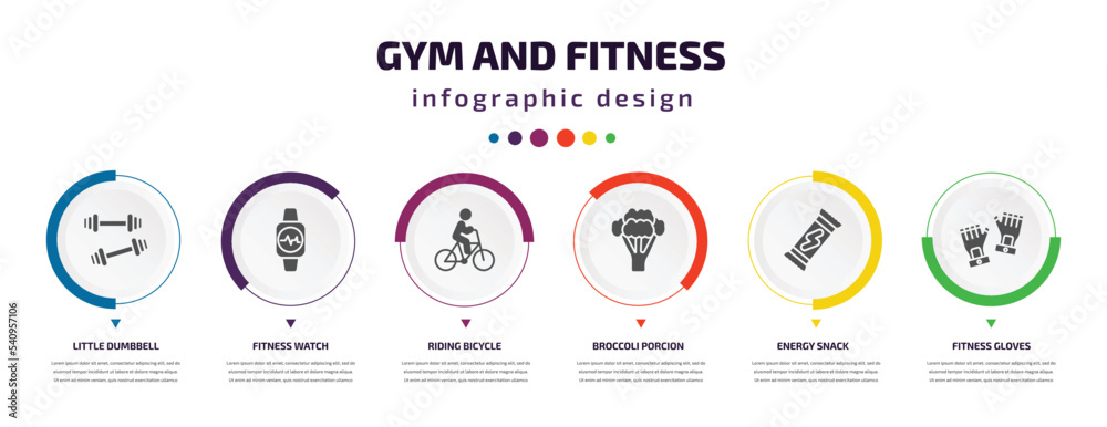 gym and fitness infographic element with icons and 6 step or option. gym and fitness icons such as little dumbbell, fitness watch, riding bicycle, broccoli porcion, energy snack, gloves vector. can gym and fitness infographic element with icons and 6 step or option. gym and fitness icons such as little dumbbell, fitness watch, riding bicycle, broccoli porcion, energy snack, gloves vector. can