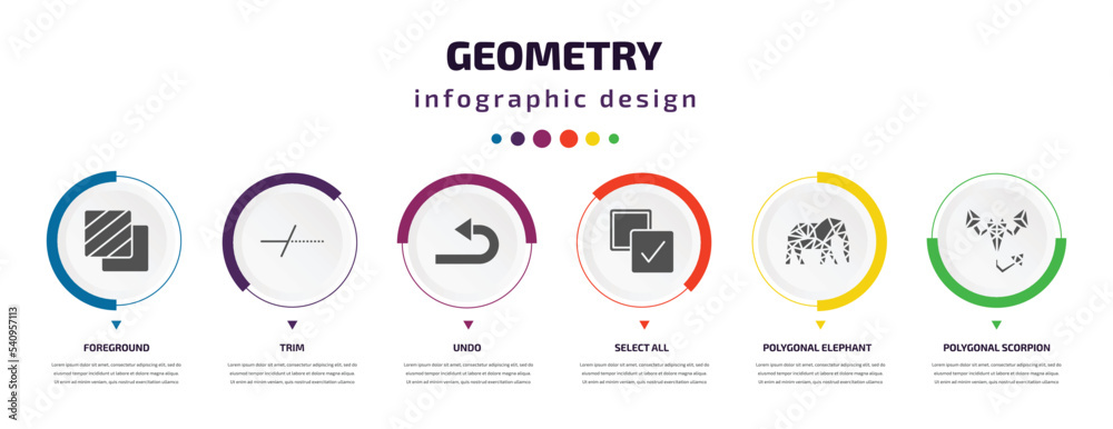 geometry infographic element with icons and 6 step or option. geometry icons such as foreground, trim, undo, select all, polygonal elephant, polygonal scorpion vector. can be used for banner, info geometry infographic element with icons and 6 step or option. geometry icons such as foreground, trim, undo, select all, polygonal elephant, polygonal scorpion vector. can be used for banner, info