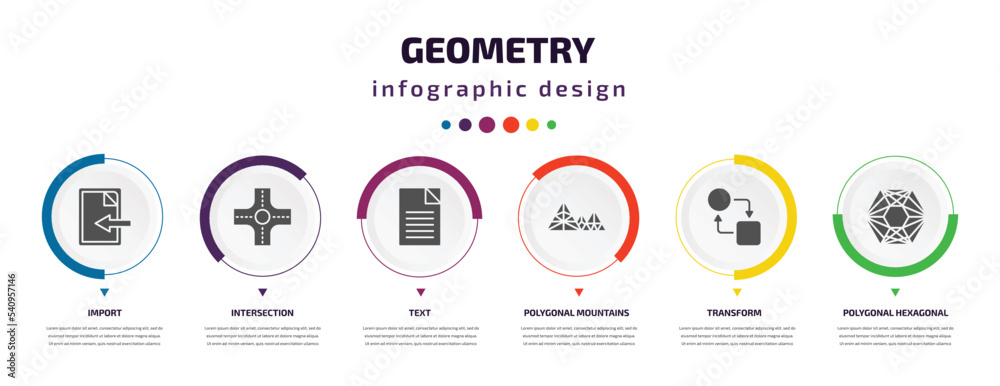 geometry infographic element with icons and 6 step or option. geometry icons such as import, intersection, text, polygonal mountains, transform, polygonal hexagonal vector. can be used for banner, geometry infographic element with icons and 6 step or option. geometry icons such as import, intersection, text, polygonal mountains, transform, polygonal hexagonal vector. can be used for banner,