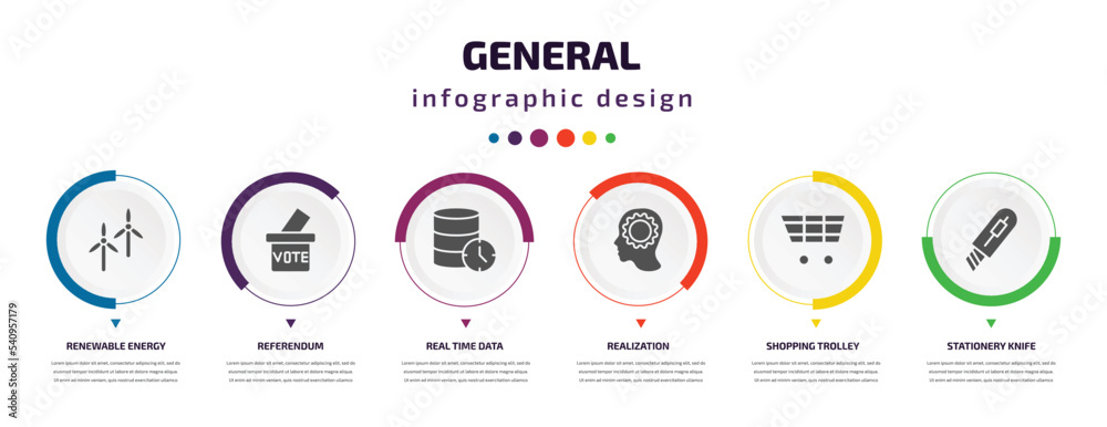 general infographic element with icons and 6 step or option. general icons such as renewable energy label, referendum, real time data, realization, shopping trolley, stationery knife vector. can be general infographic element with icons and 6 step or option. general icons such as renewable energy label, referendum, real time data, realization, shopping trolley, stationery knife vector. can be