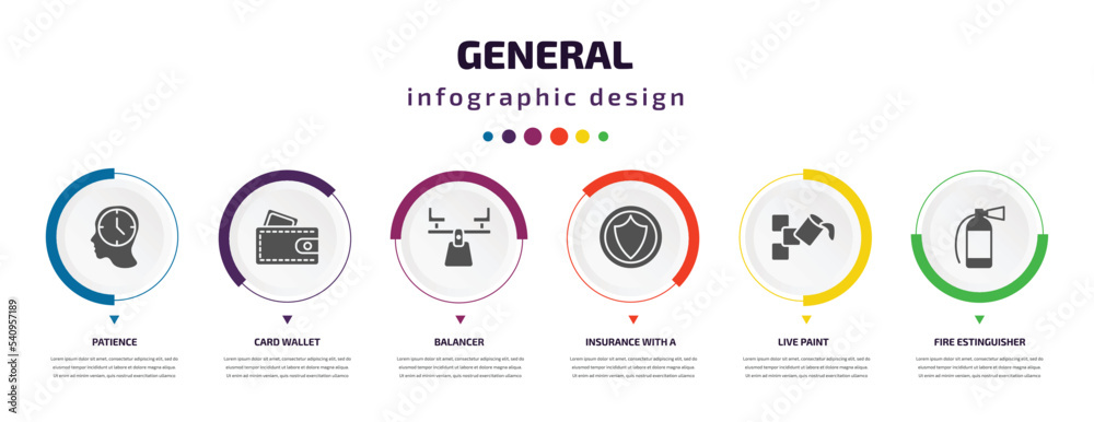 general infographic element with icons and 6 step or option. general icons such as patience, card wallet, balancer, insurance with a button, live paint, fire estinguisher vector. can be used for general infographic element with icons and 6 step or option. general icons such as patience, card wallet, balancer, insurance with a button, live paint, fire estinguisher vector. can be used for
