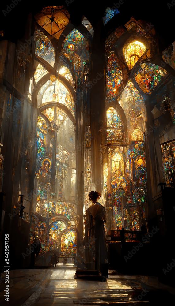 Fototapeta premium AI generated image of a young girl inside an ancient gothic cathedral with tall stained-glass windows with divine light