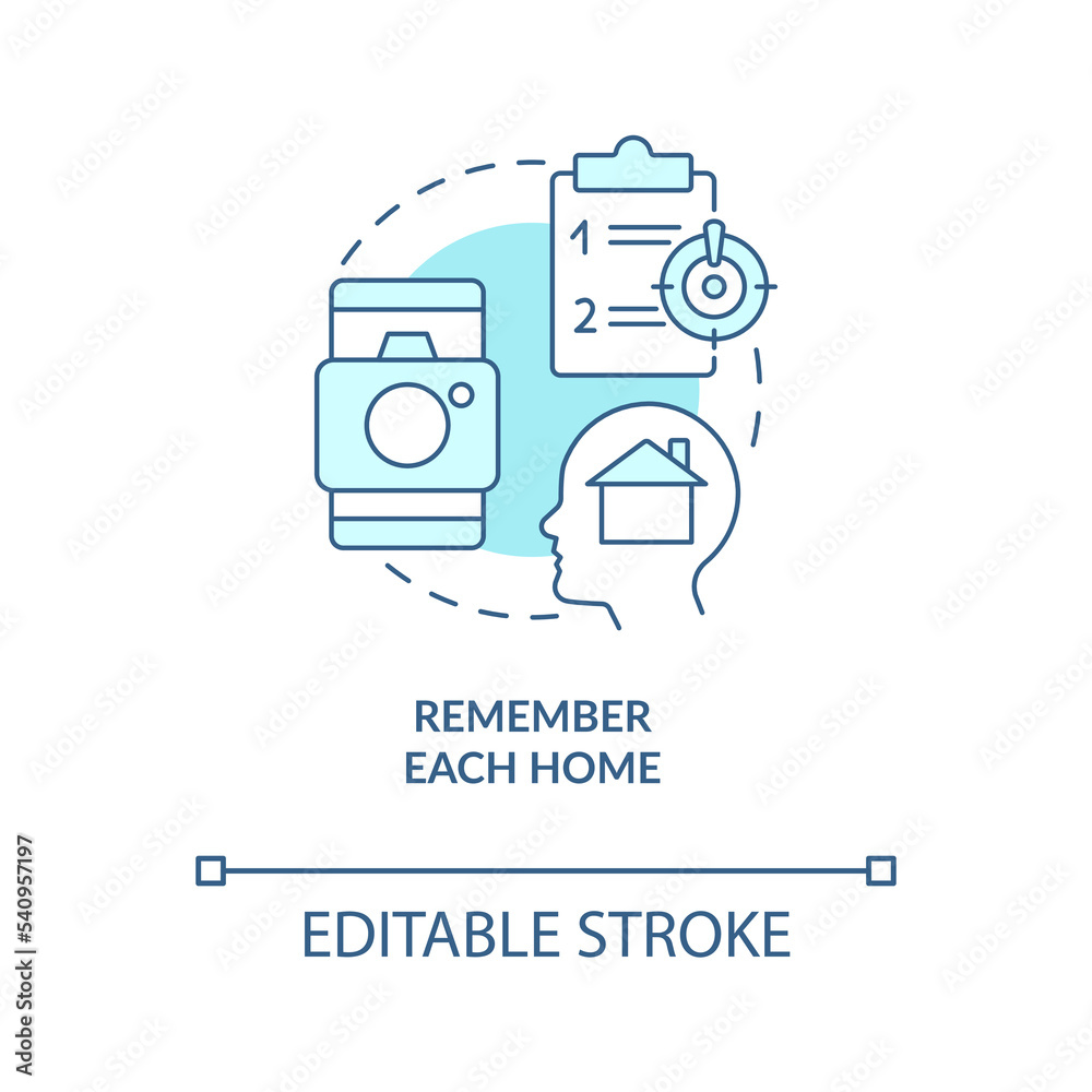 Remember each home turquoise concept icon. Property purchase tips. Homebuying abstract idea thin line illustration. Isolated outline drawing. Editable stroke. Arial, Myriad Pro-Bold fonts used Remember each home turquoise concept icon. Property purchase tips. Homebuying abstract idea thin line illustration. Isolated outline drawing. Editable stroke. Arial, Myriad Pro-Bold fonts used