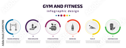 gym and fitness infographic element with icons and 6 step or option. gym and fitness icons such as training apparatus, press simulator, fitness nutrition, boxing bag, push up, vegetables juice