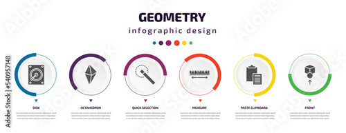 geometry infographic element with icons and 6 step or option. geometry icons such as disk, octahedron, quick selection, measure, paste clipboard, front vector. can be used for banner, info graph,