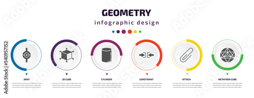 geometry infographic element with icons and 6 step or option. geometry icons such as joint, 3d cube, cylinder, constraint, attach, metatron cube vector. can be used for banner, info graph, web,