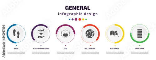 general infographic element with icons and 6 step or option. general icons such as steps, heart between hands, saas, wolf howling, map search, stepladder vector. can be used for banner, info graph,