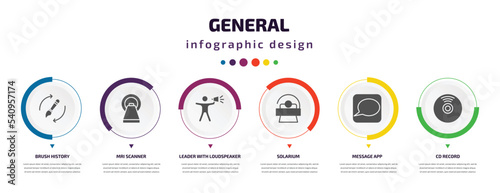 general infographic element with icons and 6 step or option. general icons such as brush history, mri scanner, leader with loudspeaker, solarium, message app, cd record vector. can be used for