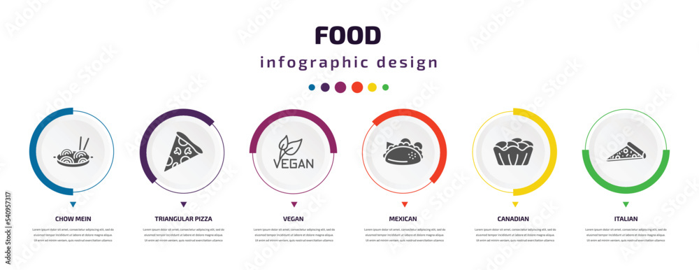 food infographic element with icons and 6 step or option. food icons such as chow mein, triangular pizza slice, vegan, mexican, canadian, italian vector. can be used for banner, info graph, web, food infographic element with icons and 6 step or option. food icons such as chow mein, triangular pizza slice, vegan, mexican, canadian, italian vector. can be used for banner, info graph, web,