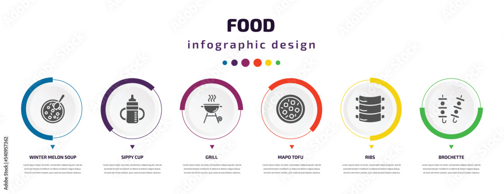 food infographic element with icons and 6 step or option. food icons such as winter melon soup, sippy cup, grill, mapo tofu, ribs, brochette vector. can be used for banner, info graph, web, food infographic element with icons and 6 step or option. food icons such as winter melon soup, sippy cup, grill, mapo tofu, ribs, brochette vector. can be used for banner, info graph, web,