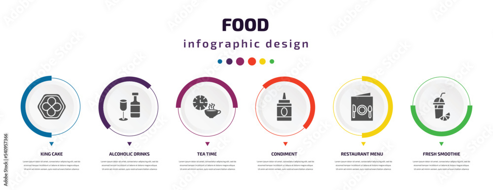 food infographic element with icons and 6 step or option. food icons such as king cake, alcoholic drinks, tea time, condiment, restaurant menu, fresh smoothie vector. can be used for banner, info