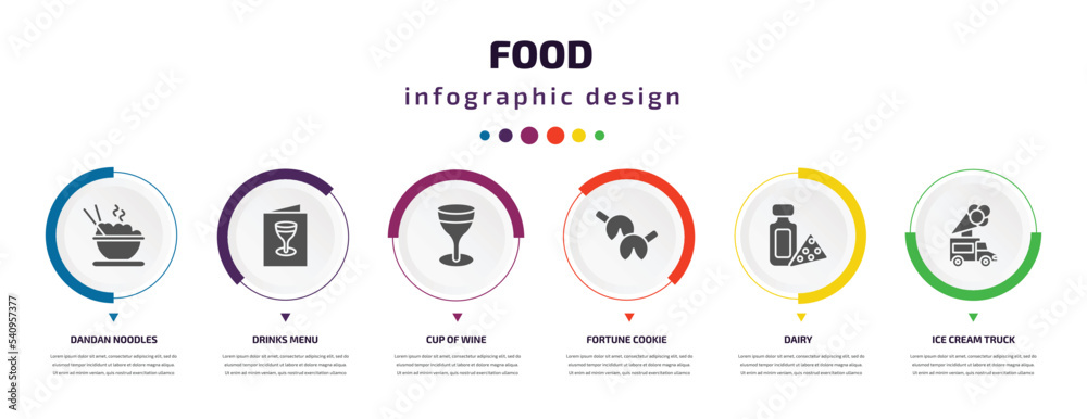 food infographic element with icons and 6 step or option. food icons such as dandan noodles, drinks menu, cup of wine, fortune cookie, dairy, ice cream truck vector. can be used for banner, info