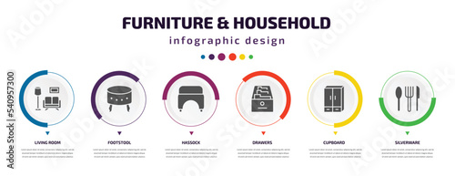 furniture & household infographic element with icons and 6 step or option. furniture & household icons such as living room, footstool, hassock, drawers, cupboard, silverware vector. can be used for