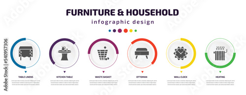 furniture & household infographic element with icons and 6 step or option. furniture & household icons such as table linens, kitchen table, waste basket, ottoman, wall clock, heating vector. can be