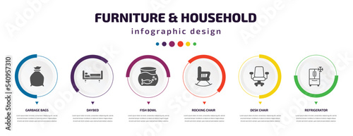 furniture & household infographic element with icons and 6 step or option. furniture & household icons such as garbage bags, daybed, fish bowl, rocking chair, desk chair, refrigerator vector. can be