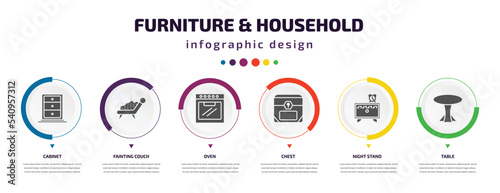 furniture & household infographic element with icons and 6 step or option. furniture & household icons such as cabinet, fainting couch, oven, chest, night stand, table vector. can be used for