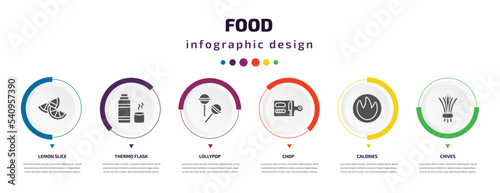 food infographic element with icons and 6 step or option. food icons such as lemon slice, thermo flask, lollypop, chop, calories, chives vector. can be used for banner, info graph, web,