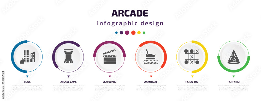 arcade infographic element with icons and 6 step or option. arcade icons such as mall, arcade game, clapboard, swan boat, tic tac toe, party hat vector. can be used for banner, info graph, web, arcade infographic element with icons and 6 step or option. arcade icons such as mall, arcade game, clapboard, swan boat, tic tac toe, party hat vector. can be used for banner, info graph, web,