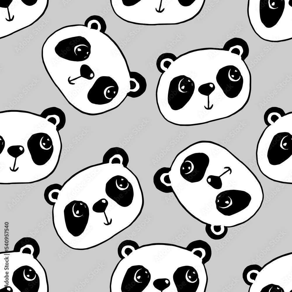 Cute Cartoon Panda Face Seamless Pattern grey background vector