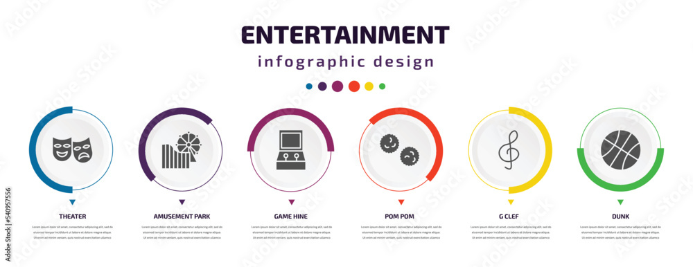 entertainment infographic element with icons and 6 step or option. entertainment icons such as theater, amusement park, game hine, pom pom, g clef, dunk vector. can be used for banner, info graph, entertainment infographic element with icons and 6 step or option. entertainment icons such as theater, amusement park, game hine, pom pom, g clef, dunk vector. can be used for banner, info graph,