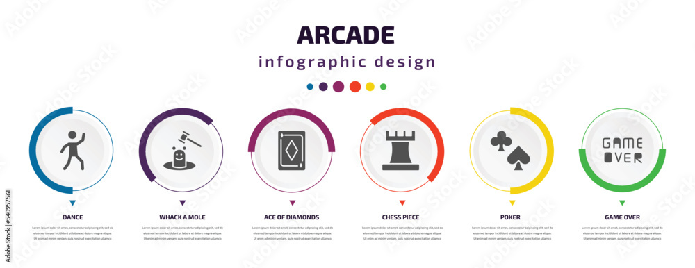 arcade infographic element with icons and 6 step or option. arcade icons such as dance, whack a mole, ace of diamonds, chess piece, poker, game over vector. can be used for banner, info graph, web, arcade infographic element with icons and 6 step or option. arcade icons such as dance, whack a mole, ace of diamonds, chess piece, poker, game over vector. can be used for banner, info graph, web,
