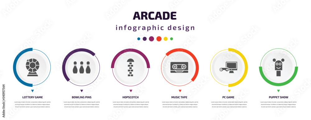 arcade infographic element with icons and 6 step or option. arcade icons such as lottery game, bowling pins, hopscotch, music tape, pc game, puppet show vector. can be used for banner, info graph, arcade infographic element with icons and 6 step or option. arcade icons such as lottery game, bowling pins, hopscotch, music tape, pc game, puppet show vector. can be used for banner, info graph,