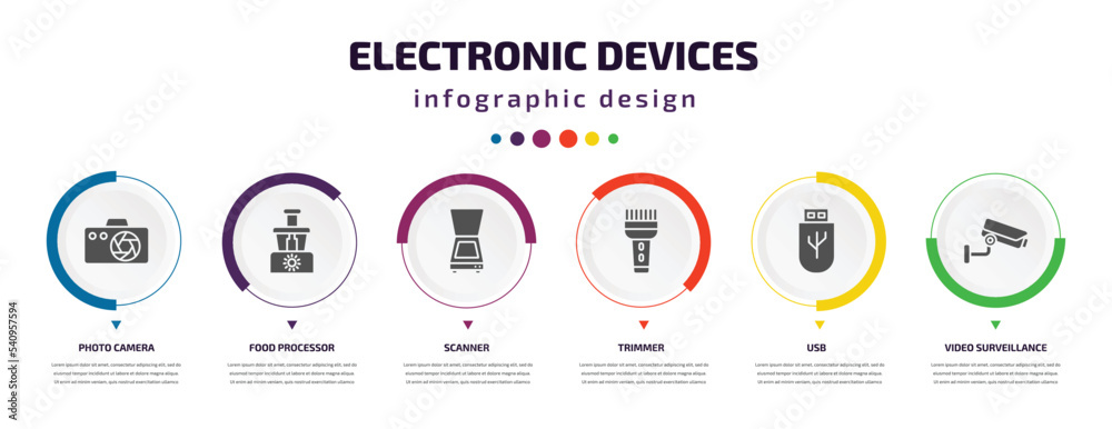 electronic devices infographic element with icons and 6 step or option. electronic devices icons such as photo camera, food processor, scanner, trimmer, usb, video surveillance vector. can be used electronic devices infographic element with icons and 6 step or option. electronic devices icons such as photo camera, food processor, scanner, trimmer, usb, video surveillance vector. can be used