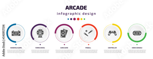 arcade infographic element with icons and 6 step or option. arcade icons such as handheld game, ferris wheel, card game, pinball, controller, video console vector. can be used for banner, info