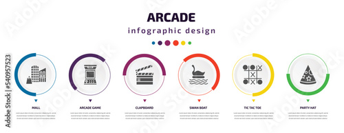 arcade infographic element with icons and 6 step or option. arcade icons such as mall, arcade game, clapboard, swan boat, tic tac toe, party hat vector. can be used for banner, info graph, web,