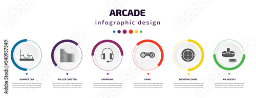 arcade infographic element with icons and 6 step or option. arcade icons such as bumper car, roller coaster, earphone, game, shooting game, air hockey vector. can be used for banner, info graph,
