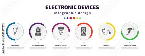 electronic devices infographic element with icons and 6 step or option. electronic devices icons such as earphones, ice cream maker, smoke detector, stereo, charger, barcode scanner vector. can be