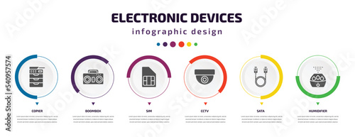 electronic devices infographic element with icons and 6 step or option. electronic devices icons such as copier, boombox, sim, cctv, sata, humidifier vector. can be used for banner, info graph, web,