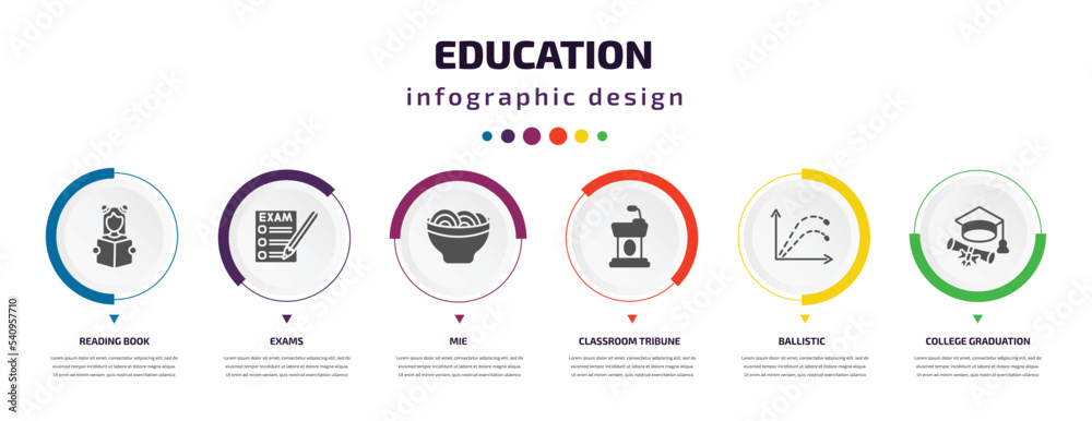 education infographic element with icons and 6 step or option. education icons such as reading book, exams, mie, classroom tribune, ballistic, college graduation vector. can be used for banner, info education infographic element with icons and 6 step or option. education icons such as reading book, exams, mie, classroom tribune, ballistic, college graduation vector. can be used for banner, info