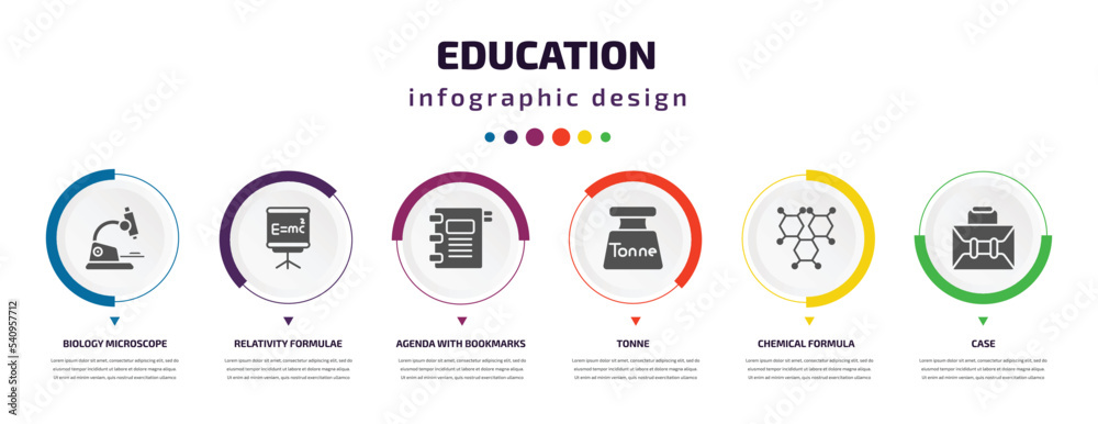 education infographic element with icons and 6 step or option. education icons such as biology microscope, relativity formulae, agenda with bookmarks, tonne, chemical formula, case vector. can be education infographic element with icons and 6 step or option. education icons such as biology microscope, relativity formulae, agenda with bookmarks, tonne, chemical formula, case vector. can be