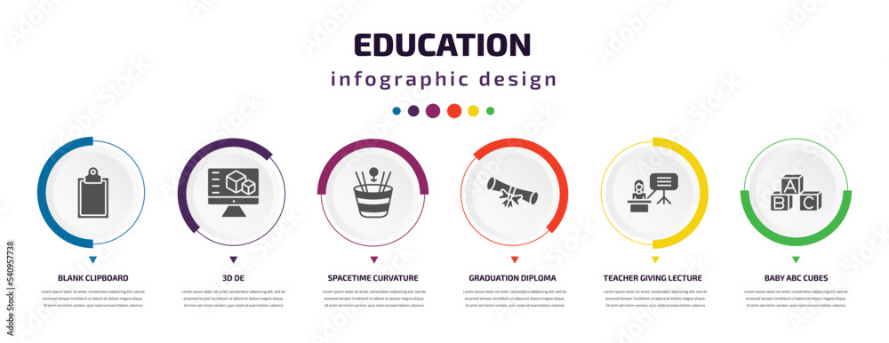 education infographic element with icons and 6 step or option. education icons such as blank clipboard, 3d de, spacetime curvature, graduation diploma, teacher giving lecture, baby abc cubes vector. education infographic element with icons and 6 step or option. education icons such as blank clipboard, 3d de, spacetime curvature, graduation diploma, teacher giving lecture, baby abc cubes vector.