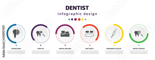 dentist infographic element with icons and 6 step or option. dentist icons such as apicoectomy, check up, partial denture, fake tooth, periodontal scaler, dental checkup vector. can be used for