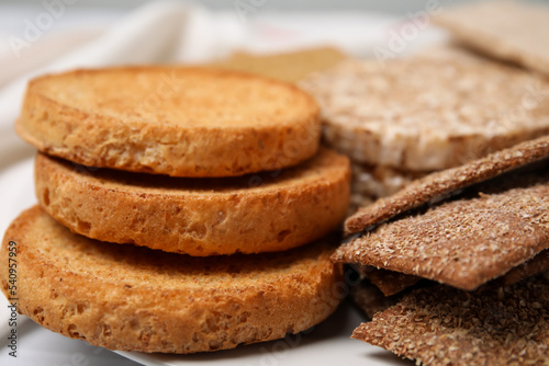 Rye crispbreads, rice cakes and rusks, closeup