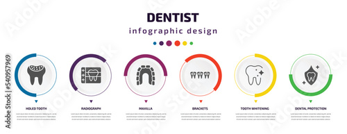 dentist infographic element with icons and 6 step or option. dentist icons such as holed tooth, radiograph, maxilla, brackets, tooth whitening, dental protection vector. can be used for banner, info