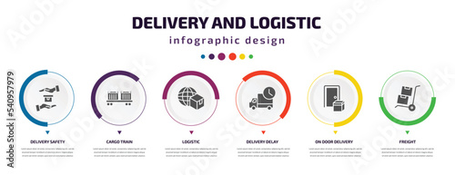delivery and logistic infographic element with icons and 6 step or option. delivery and logistic icons such as delivery safety, cargo train, logistic, delay, on door freight vector. can be used for