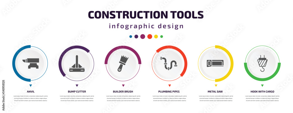 construction tools infographic element with icons and 6 step or option. construction tools icons such as anvil, bump cutter, builder brush, plumbing pipes, metal saw, hook with cargo vector. can be construction tools infographic element with icons and 6 step or option. construction tools icons such as anvil, bump cutter, builder brush, plumbing pipes, metal saw, hook with cargo vector. can be